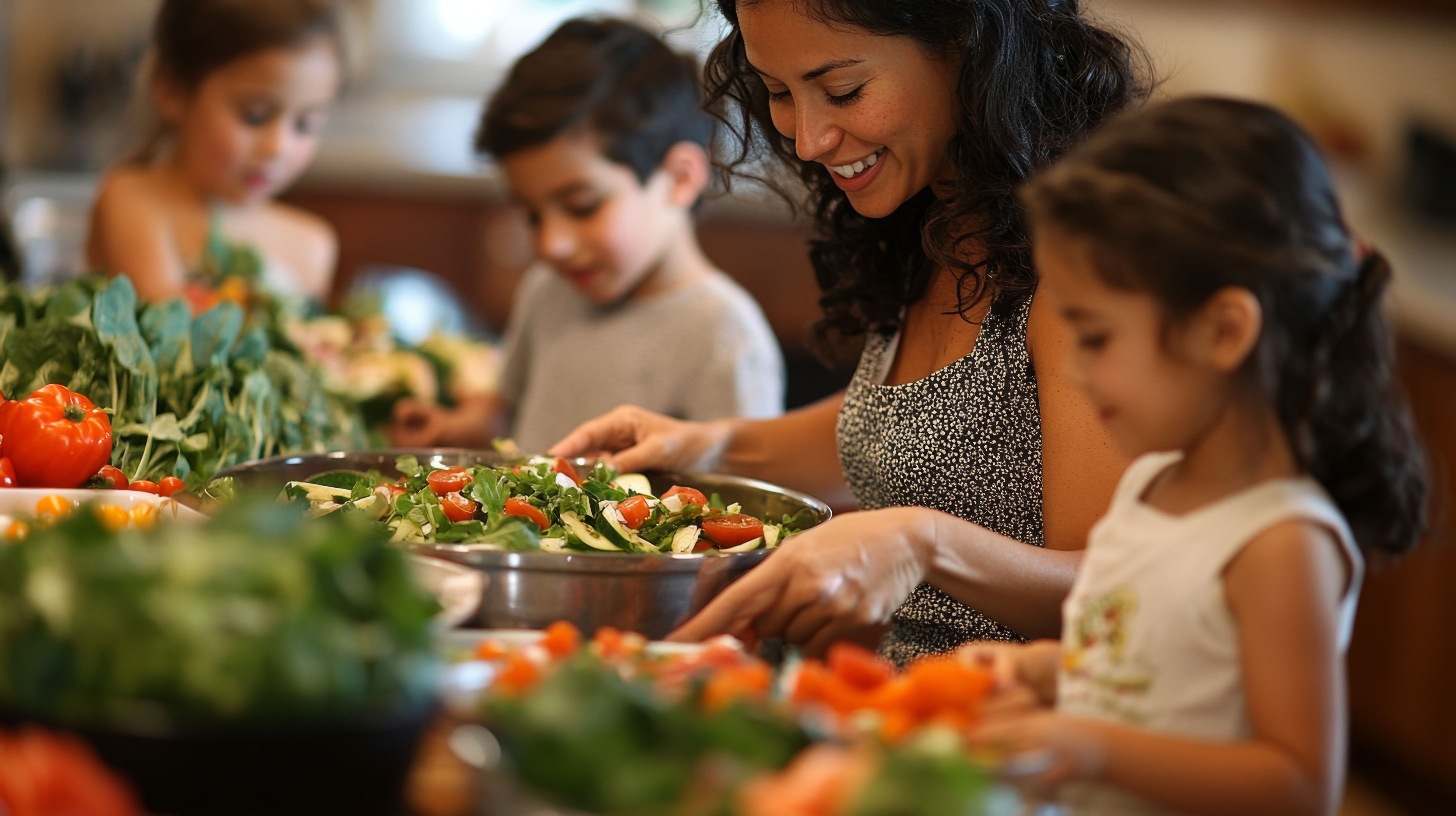 Family getting ready for dinner by making a scrumptious salad in Auckland